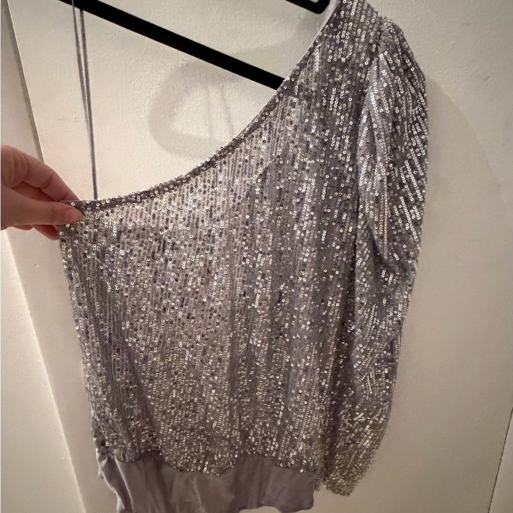 Zara Silver Sequin One Shoulder Bodysuit Size L